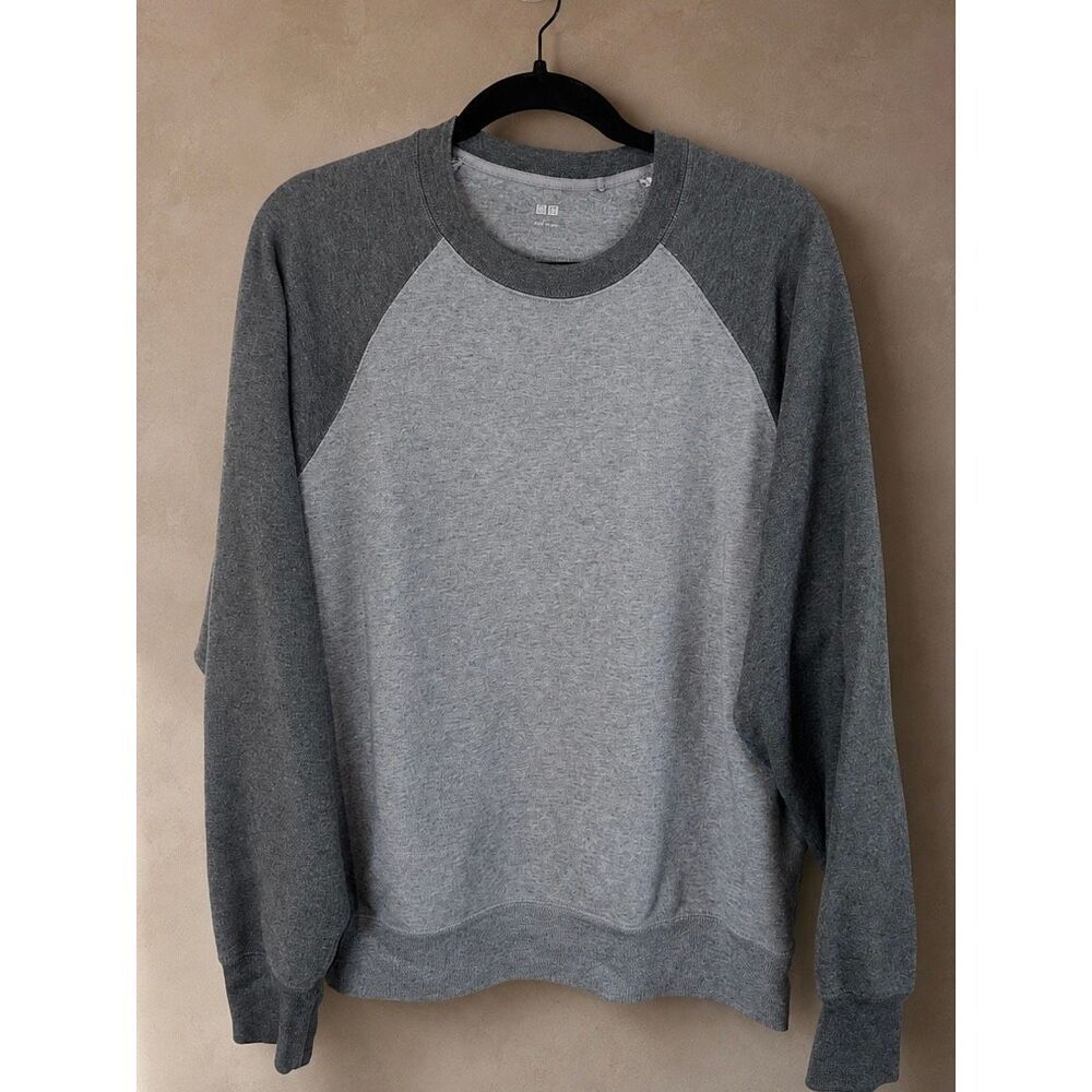 Uniqlo Men’s Sz L Color Block Raglan Crewneck Sweatshirt Gray 100% Cotton